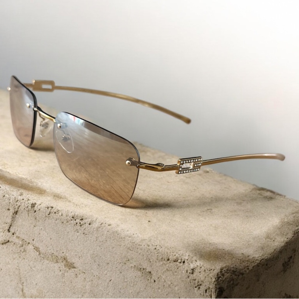 Gucci Gold Rimless Sunglasses with Brown Gradient Lenses and Crystal Accents